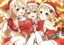 3girls :d blonde_hair blurry blurry_background blush box capelet character_request choker christmas closed_mouth collarbone crop_top dress eda_udon gift gift_box green_eyes green_ribbon hair_intakes hair_ornament hairclip hand_on_another&#039;s_shoulder hat inubouzaki_fuu inubouzaki_itsuki long_hair looking_at_viewer midriff miniskirt multiple_girls neck_ribbon open_mouth red_capelet red_choker red_dress red_ribbon red_skirt ribbon santa_hat short_dress short_hair short_sleeves skirt smile stomach thighhighs very_long_hair white_thighhighs white_trim wrist_ribbon yuuki_yuuna_wa_yuusha_de_aru yuusha_de_aru
