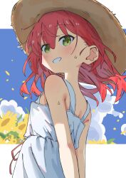 1girl arms_behind_back bare_arms bare_shoulders blue_sky blush bocchi_the_rock! cloud cloudy_sky commentary_request day dress falling_petals floating_hair flower from_behind green_eyes grin hair_between_eyes hat highres kita_ikuyo long_hair looking_at_viewer looking_back medium_hair outdoors petals red_hair ribbon shinshin_(ssnsn_oekaki) sky sleeveless sleeveless_dress smile solo straw_hat sun_hat sundress sunflower sweat teeth upper_body white_dress wind yellow_flower
