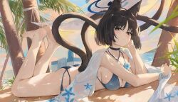 1girl animal_ears bare_arms bare_legs barefoot beach bikini black_choker black_eyes black_hair blue_archive blue_bikini blush breasts cat_ears cat_girl cat_tail choker cleavage closed_mouth dema_hmw feet haori japanese_clothes kikyou_(blue_archive) kikyou_(swimsuit)_(blue_archive) large_breasts looking_at_viewer lying multiple_tails official_alternate_costume on_stomach parted_bangs short_hair soles solo swimsuit tail toes two_tails white_haori