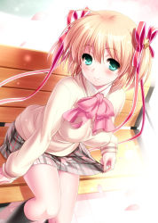 1girl bench blonde_hair blush bow breasts female_focus green_eyes hair_ornament hair_ribbon highres kamikita_komari kneehighs little_busters! long_sleeves looking_at_viewer petals plaid_clothes plaid_skirt ribbon school_uniform short_hair sitting skirt smile socks solo star_(symbol) star_hair_ornament zen