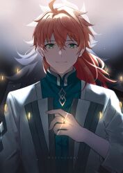 Rule 34 | 2boys, ahoge, back-to-back, chaldea logo, closed mouth, coat, commentary, english commentary, fate/grand order, fate (series), glint, gold ring, green coat, green eyes, grey hair, hair between eyes, hand up, highres, jewelry, lab coat, light particles, long hair, looking at viewer, male focus, multicolored coat, multiple boys, orange hair, ring, romani archaman, smile, solomon (fate), straight-on, terarenai, twitter username, two-tone coat, unworn ring, upper body, white coat