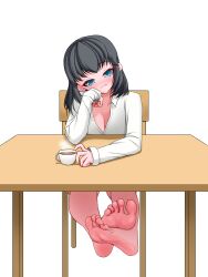 1girl absurdres barefoot black_hair blue_eyes blush breasts cleavage coffee feet highres long_hair looking_at_viewer sitting smile soles toes transparent_background tsukasa49003 under_table