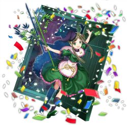 Rule 34 | 1girl, :d, apron, bamboo, black hat, black socks, confetti, dress, full body, game cg, green dress, green eyes, green hair, green shoes, hat, highres, holding, holding plant, kneehighs, leg up, long hair, looking at viewer, official art, open mouth, plant, puffy short sleeves, puffy sleeves, rotte (1109), shoes, short hair with long locks, short sleeves, sidelocks, silhouette, simple background, smile, socks, solo, tate eboshi, teireida mai, third-party source, touhou, touhou lostword, transparent background, waist apron, white apron