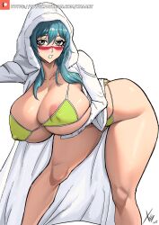 Rule 34 | 1girl, areola slip, arm under breasts, ass, bikini, bleach, breasts, brown eyes, cameltoe, coat, collarbone, covered erect nipples, facial mark, green bikini, green hair, highres, hood, hood up, hooded coat, huge breasts, leaning forward, long hair, looking at viewer, nelliel tu odelschwanck, open mouth, patreon username, signature, swimsuit, white background, white coat, xhaart