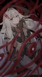 0memeg4_01 1girl black_dress bodystocking breasts cowlick dress eye_hair_ornament eye_symbol genshin_impact gloves hair_between_eyes hair_intakes hair_ornament highres long_hair looking_at_viewer medium_breasts messy_hair pixiv_username red_aura ronova_(genshin_impact) side_ahoge solo symbol-shaped_pupils white_hair wings yellow_eyes
