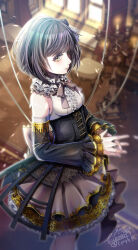 1girl black_corset black_dress blouse blurry blurry_background bow breasts brown_bow brown_hair candlestand carpet commentary_request corset detached_sleeves dress from_above gold_trim highres interlocked_fingers looking_at_viewer looking_up medium_breasts official_alternate_costume project_sekai puppet_strings shinonome_ena shirt short_hair sleeveless sleeveless_dress solo tiprip_kk white_shirt window yellow_eyes