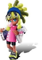 1girl 3d aqua_eyes artist_request bike_shorts black_shirt black_undershirt blowing_bubble_gum blue_hairband blue_pupils blunt_bangs chewing_gum child clothes_down collared_jacket collared_shirt dark-skinned_female dark_skin dreadlocks emma_(ninjala) eyelashes fingernails full_body fur-trimmed_jacket fur_trim green_hair gungho hairband half_updo happy highres jacket kinky_hair long_hair long_shirt long_sidelocks long_sleeves looking_at_viewer mandarin_collar multicolored_hair ninjala o-ring official_art open_clothes open_jacket pink_shirt print_shirt puffy_long_sleeves puffy_sleeves second-party_source shadow shirt shoes sidelocks skinny sleeveless sleeveless_shirt sneakers solo streaked_hair text_print toon_(style) transparent_background triangle_print two-sided_fabric two-sided_jacket undershirt unzipped white_sleeve_cuffs yellow_shoes zipper