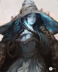 Rule 34 | 1girl, absurdres, blue eyes, blue hair, blue skin, cape, cloak, colored skin, doll joints, dress, elden ring, extra arms, extra faces, fur cape, fur cloak, highres, joints, large hat, ranni the witch, signature, sitting, solo, steepled fingers, white background, white dress, witch, xianggang jizhe