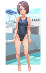 Rule 34 | 1girl, absurdres, barefoot, black hair, black one-piece swimsuit, blue eyes, blue sky, chair, cloud, commentary request, competition swimsuit, covered navel, day, full body, highleg, highleg one-piece swimsuit, highres, lifeguard chair, one-piece swimsuit, original, outdoors, short hair, sky, solo, standing, swimsuit, takafumi, tan
