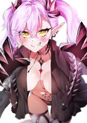 1girl absurdres black_cloak black_panties blush body_markings breasts candy choker cloak crossed_bangs demon_girl demon_horns demon_wings ear_piercing fate/grand_order fate_(series) food grin hair_between_eyes highres horns large_breasts leaning_forward len_(hand_linke) lollipop long_hair looking_at_viewer navel ordeal_call_servant_(female) panties piercing pink_hair pointy_ears smile solo stomach_tattoo tattoo thigh_strap thighs twintails underwear very_long_hair wings yellow_eyes