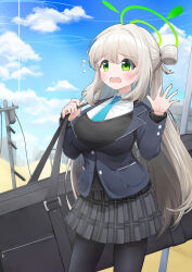 Rule 34 | 1girl, absurdres, black jacket, black pantyhose, black skirt, blazer, blue archive, blue necktie, blue sky, breasts, brown hair, cloud, commentary request, day, desert, drawing rak, green eyes, green halo, hair between eyes, halo, highres, jacket, large breasts, long hair, long sleeves, necktie, nonomi (blue archive), open mouth, outdoors, pantyhose, plaid clothes, plaid skirt, pleated skirt, school uniform, shirt, sidelocks, skirt, sky, solo, utility pole, very long hair, wardrobe malfunction, wavy mouth, weapon case, white shirt