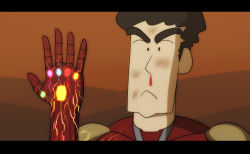 1boy avengers:_endgame avengers_(series) beaten blood blood_on_face cosplay crayon_shin-chan crossover curly_hair gloves glowing infinity_gauntlet iron_man iron_man_(cosplay) letterboxed male_focus marvel marvel_cinematic_universe neon_trim nohara_hiroshi nosebleed pinta_(ayashii_bochi) solo spoilers stone thick_eyebrows tony_stark voice_actor_connection