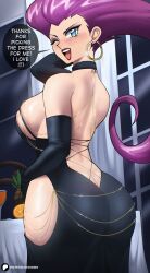1girl absurdres alternate_costume arm_at_side arm_up ass ass_focus backless_dress backless_outfit bare_shoulders black_dress black_gloves blue_eyes blush breasts butt_crack chain cocktail_glass cowboy_shot criss-cross_back-straps cup curtains dress drinking_glass earrings echo_saber elbow_gloves english_text food from_behind fruit gloves gold_chain gold_earrings halter_dress halterneck highres hip_vent hoop_earrings huge_ass jessie_(pokemon) jewelry large_breasts lipstick long_hair looking_at_viewer makeup meme meme_attire modakawa_dress muntins nintendo one_eye_closed open_mouth orange_(fruit) patreon_logo patreon_username pineapple pokemon pokemon_(anime) purple_hair red_lips shiny_skin shoulder_blades skindentation smile solo speech_bubble table tablecloth taut_clothes taut_dress tight_clothes tight_dress watermark web_address wide_hips window