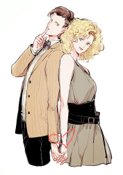 Rule 34 | 1boy, 1girl, back-to-back, bare shoulders, belt, black belt, black bow, black bowtie, black pants, blonde hair, bow, bowtie, breasts, brown hair, brown jacket, collared shirt, corset, couple, cropped legs, curly hair, doctor who, dress, eleventh doctor (doctor who), finger to mouth, green eyes, grey dress, heart, hetero, holding hands, husband and wife, jacket, long sleeves, looking at another, open clothes, open jacket, pants, parted lips, reeena, river song, shirt, short hair, simple background, sleeveless, sleeveless dress, smile, the doctor (doctor who), white background, white shirt