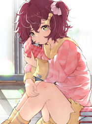 1girl alternate_costume aokaly book bow commentary feet_out_of_frame from_side hair_bow hair_ornament hair_scrunchie highres holding holding_book indoors komari_chika long_sleeves looking_at_viewer make_heroine_ga_oo_sugiru! medium_hair on_floor one_side_up pink_scrunchie pink_sweater plaid_clothes plaid_sweater pout red_hair scrunchie short_shorts shorts sitting solo sweater symbol-only_commentary window yellow_bow yellow_eyes yellow_shorts