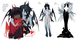 3others absurdres alternate_costume alternate_universe angel_wings black_eyes black_hair black_horns black_wings colored_extremities commentary deltarune demon_horns demon_tail demon_wings english_commentary english_text four-finger_heart_hands goomyloid heart heart_hands highres horns kris_(deltarune) long_hair multiple_others no_eyes red_horns red_scarf red_tail red_wings scarf shared_handcuffs short_hair stitched_chest tail titan_(deltarune) vessel_(deltarune) white_wings wings