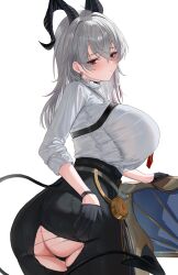 1girl absurdres ahoge armband ass black_armband black_gloves black_horns black_panties black_pants black_tail breasts curled_horns earrings from_behind gloves grey_hair hair_between_eyes hair_intakes hand_on_own_ass high-waist_pants highres holding horns jewelry large_breasts long_hair looking_at_viewer looking_back maoza1 panties pants red_eyes shirt solo tail tight_clothes tight_pants torn_clothes torn_pants underwear white_shirt wuthering_waves zani_(wuthering_waves)
