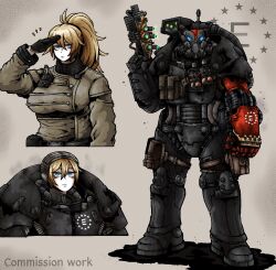 1girl ammunition_pouch armor blonde_hair blue_eyes breasts clenched_hand enclave_(fallout) fallout gloves gun handgun highres holster large_breasts long_hair looking_at_viewer military_uniform octosoup ponytail pouch power_armor power_fist salute solo trigger_discipline weapon