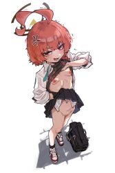1girl ahoge anger_vein bag black_halo black_shirt black_skirt blue_archive breasts clothes_lift female_pubic_hair full_body halo highres lifting_own_clothes looking_at_viewer mori_shin_risuku navel neru_(blue_archive) neru_(school_uniform)_(blue_archive) nipples open_clothes open_mouth open_shirt orange_hair pubic_hair red_eyes school_bag shirt shirt_lift shoes simple_background skirt skirt_lift small_breasts sneakers solo standing white_background white_shirt