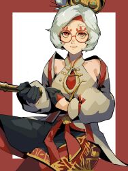 1girl 4me3ba_niku black_gloves border breasts closed_mouth commentary cowboy_shot eyeshadow eyewear_on_head glasses gloves hair_ornament hashtag-only_commentary highres holding large_breasts lips long_sleeves looking_at_viewer makeup nintendo pantyhose purah red-framed_eyewear red_border red_eyes red_eyeshadow red_pantyhose round_eyewear sheikah shirt short_hair sleeveless sleeveless_shirt solo the_legend_of_zelda the_legend_of_zelda:_tears_of_the_kingdom thick_eyebrows white_background white_hair