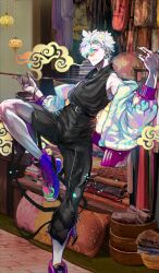 Rule 34 | 1boy, bare shoulders, belt, belt buckle, black shirt, buckle, charles-henri sanson (fate), charles-henri sanson (fgo fes. 2025) (fate), closed mouth, commentary request, earrings, fate/grand order, fate (series), foot out of frame, game cg, grey eyes, hands up, high-waist pants, holding, holding smoking pipe, jacket, jacket partially removed, jewelry, kiseru, leg up, long sleeves, male focus, off shoulder, official art, pants, partially unzipped, purple shoes, ring, round eyewear, shimadoriru, shirt, shoes, short hair, sleeveless, sleeveless shirt, smoking pipe, solo, standing, standing on one leg, sunglasses, third-party source, white hair, white jacket, zipper