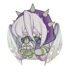 Rule 34 | 1boy, closed mouth, colored eyelashes, cropped torso, gas mask, gloves, green gloves, hair between eyes, hood, hood up, insect wings, long bangs, long sleeves, male focus, mask, mortarion, simple background, solo, spiked hood, warhammer 40k, white background, white hair, wings, yellow eyes, yigeweiren607