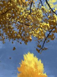 Rule 34 | autumn leaves, blue sky, branch, day, falling leaves, leaf, no humans, original, painting (medium), plant, plant focus, shadow, sky, slow d, traditional media, tree