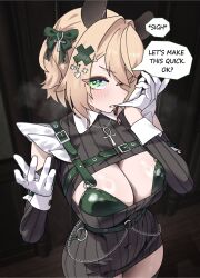 1girl absurdres alternate_costume animal_ears ankh ankh_necklace belt biting biting_glove black_dress blonde_hair bra breasts chest_harness cleavage cleavage_cutout clothing_cutout commentary covered_navel dress english_commentary english_text furrowed_brow glove_pull gloves green_bra green_eyes green_ribbon gurumie hair_ornament hair_ribbon harness highres indie_virtual_youtuber large_breasts looking_at_viewer mouth_hold nimi_nightmare paid_reward_available ribbed_dress ribbon short_dress short_hair solo speech_bubble tapir_ears tapir_girl underwear virtual_youtuber white_gloves x_hair_ornament