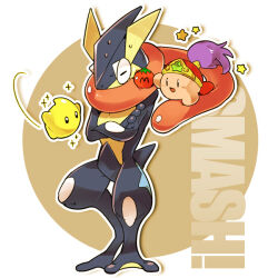 copyright_name crossed_arms full_body gen_6_pokemon greninja kirby kirby_(series) luma_(mario) mario_(series) maxim_tomato nintendo no_humans open_mouth pokemon pokemon_(creature) simple_background sparkle standing star_(symbol) super_smash_bros. sweat tetori