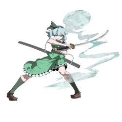 1girl bad_id bad_pixiv_id dress fighting_stance ghost hilt katana konpaku_youmu konpaku_youmu_(ghost) mary_janes rias-coast ribbon rope sheath shoes short_hair socks sword touhou weapon white_background white_hair