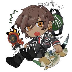 1girl 1other animal animal_hands black_gloves black_jacket black_pants black_shirt black_shoes bright_pupils brown_hair chengzimianbao clock clothed_animal coat collared_shirt dagger dante_(limbus_company) dark-skinned_female dark_skin deformed e.g.o_(project_moon) fang flaming_head fox full_body gloves green_umbrella holding holding_dagger holding_knife holding_weapon jacket knife limbus_company long_sleeves looking_at_viewer necktie object_head open_mouth orange_eyes outis_(project_moon) pants project_moon raincoat red_coat red_necktie shirt shoes short_hair simple_background solo_focus sunshower_(e.g.o) umbrella weapon white_background white_fur white_pupils white_raincoat white_shirt yellow_fur