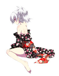 1girl blush darker_than_black female_focus japanese_clothes kaname_nagi kimono long_hair ponytail silver_hair simple_background sitting solo white_background yin_(darker_than_black)