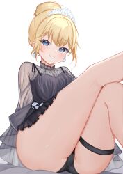 Rule 34 | 1girl, ass, black dress, black panties, blonde hair, blue eyes, breasts, cleavage, commentary, diamond earrings, dress, earrings, frilled dress, frills, grin, hair bun, highres, hololive, hololive english, jewelry, large breasts, looking at viewer, lynnavtt, official alternate costume, official alternate hair length, official alternate hairstyle, panties, pantyshot, see-through clothes, see-through dress, see-through sleeves, short dress, short hair, simple background, single hair bun, sitting, sleeveless, sleeveless dress, smile, solo, thigh strap, thighs, tiara, underwear, virtual youtuber, watson amelia, watson amelia (party dress), white background