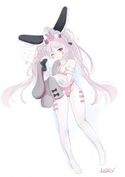1girl animal_ears azur_lane breasts closed_mouth fake_animal_ears flat_chest halford_(a_special_day_with_the_bunny_lord)_(azur_lane) halford_(azur_lane) highres holding holding_stuffed_toy leotard livetarica long_hair looking_at_viewer official_alternate_costume one_eye_closed pantyhose petite pink_leotard pink_ribbon playboy_bunny rabbit_ears ribbon signature simple_background small_breasts solo stuffed_animal stuffed_toy twintails very_long_hair white_background white_hair white_pantyhose