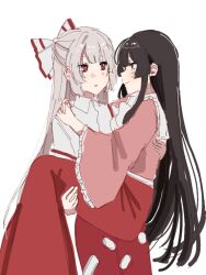 2girls black_hair bow carrying carrying_person frilled_sleeves frills fujiwara_no_mokou hair_bow highres houraisan_kaguya jyazo_pic long_hair looking_at_another multiple_girls pants pink_shirt princess_carry red_eyes red_pants red_skirt shirt simple_background skirt smile suspender_pants touhou white_background white_hair white_shirt