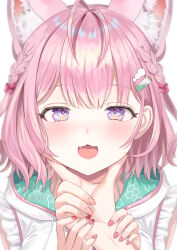 Rule 34 | 1girl, 1other, :3, animal ears, antenna hair, blush, braid, commentary request, fang, fingernails, green hoodie, hair ornament, hair ribbon, hairclip, hakui koyori, hakui koyori (summer), hand on another&#039;s face, hexagon print, highres, holding another&#039;s wrist, hololive, hood, hoodie, looking at viewer, lucio (luci0 52), medium hair, nail polish, open mouth, pink eyes, pink hair, pink nails, pink ribbon, ribbon, simple background, smile, solo focus, twitter username, two-tone hoodie, virtual youtuber, white background, white hoodie, wolf ears, wolf girl