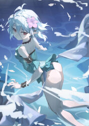 Rule 34 | 1girl, absurdres, ass, bare legs, bare shoulders, bead choker, beads, closed mouth, detached sleeves, flower, frilled one-piece swimsuit, frills, from behind, green one-piece swimsuit, hair between eyes, hair flower, hair ornament, highres, kokkoro (princess connect!), long bangs, looking at viewer, one-piece swimsuit, pointy ears, princess connect!, purple flower, red eyes, short hair, solo, summer (724788381), swimsuit, white flower