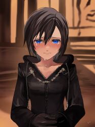 1girl absurdres black_coat black_coat_(kingdom_hearts) black_gloves blush coat commentary_request crying crying_with_eyes_open gloves hair_between_eyes highres hood hood_down hooded_coat kawame626 kingdom_hearts kingdom_hearts_iii long_sleeves looking_at_viewer own_hands_together solo tearing_up tears xion_(kingdom_hearts)