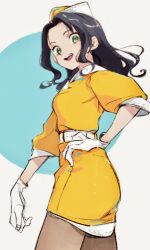 Rule 34 | 1girl, belt, black hair, breasts, brown pantyhose, dress, from side, gloves, green eyes, hand on own hip, hat, highres, idolmaster, idolmaster cinderella girls, idolmaster cinderella girls starlight stage, imay3927, long hair, looking at viewer, medium breasts, open mouth, pantyhose, pencil skirt, short sleeves, skirt, smile, solo, soma natsumi, teeth, two-tone background, upper teeth only, white belt, white gloves, yellow dress