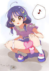 1girl animal ant blue_footwear blue_hair blush bow brown_eyes bug censored collarbone female_focus full_body hair_bow hair_ornament hands_on_own_knees heart heart_censor highres insect loli looking_down musical_note open_mouth panties panties_around_leg peeing precure puddle purple_footwear purple_shirt purple_skirt sandals shirt shoes short_sleeves skirt socks solo spoken_musical_note squatting suzumura_sango teeth tropical-rouge!_precure underwear white_panties white_socks yuzukiaz