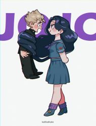 1boy 1girl arms_behind_back black_hair blonde_hair blush_stickers diamond_wa_kudakenai eye_contact height_difference hetero highres hirose_koichi jojo_no_kimyou_na_bouken ka_ji long_hair looking_at_another prehensile_hair school_uniform serafuku smile walking yamagishi_yukako