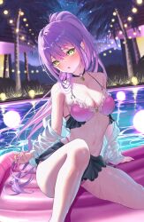 1girl absurdres alternate_costume bikini bikini_skirt black_choker black_skirt blush breasts choker cleavage colored_inner_hair commentary demon_girl frilled_bikini frills gradient_hair green_eyes hashtag-only_commentary highres hololive jacket jacket_partially_removed long_hair looking_at_viewer medium_breasts multicolored_hair navel night night_sky open_mouth outdoors pink_bikini pink_hair pointy_ears ponytail pool purple_hair see-through_clothes see-through_jacket sitting skirt sky solo stomach swimsuit tokoyami_towa tsukkun_(ged45uokqjyex7p) very_long_hair virtual_youtuber wet white_jacket