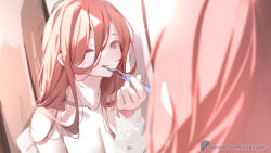 1girl artist_name blue_eyes breasts brushing_teeth cleavage dot_nose from_behind go-toubun_no_hanayome hair_behind_ear hair_between_eyes hair_over_shoulder large_breasts long_hair long_hair_between_eyes looking_at_mirror looking_at_viewer mirror nakano_miku off_shoulder one_eye_closed patreon_logo patreon_username red_hair shirt solo sydus toothbrush white_shirt