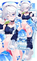 Rule 34 | 1girl, alternate costume, bandaid, bandaid on knee, bandaid on leg, bikini, blue background, blue bikini, blue hair, blue outline, blue socks, border, bow, bow bikini, bow legwear, cake, choker, collarbone, colored inner hair, commentary request, cowlick, double-parted bangs, food, frilled bikini, frills, full body, furina (genshin impact), genshin impact, gentilhomme usher, gradient background, hair between eyes, hair ornament, hairclip, hat, highres, holding, holding cake, holding food, in shopping cart, jacket, knees up, loose socks, mademoiselle crabaletta, medium hair, multicolored hair, multiple views, off shoulder, open clothes, open jacket, outline, outside border, rinmel9, shoes, shopping cart, sitting, sneakers, socks, surintendante chevalmarin, swimsuit, watermark, white border, white hair, white hat, white jacket, white outline, white shoes