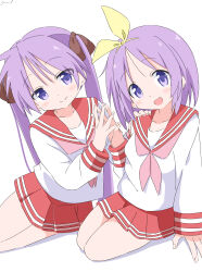 2girls absurdres blush brown_ribbon cynical_(llcbluckg_c004) dot_nose fingernails hairband hand_on_another&#039;s_shoulder highres hiiragi_kagami hiiragi_tsukasa holding_hands kneeling lucky_star multiple_girls neckerchief open_mouth pink_neckerchief pleated_skirt purple_eyes purple_hair red_skirt ribbon sailor_collar school_uniform shirt siblings sisters skirt smile twintails white_shirt yellow_hairband