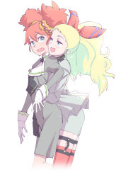 10s 2girls aqua_eyes blonde_hair breasts chloe_maxwell dress hug hug_from_behind large_breasts looking_at_another looking_back luck_&amp;_logic maxwell_chloe multiple_girls open_mouth orange_hair rakuen_rojikku smile thighhighs touge_hiro twintails valkyrie_(luck_&amp;_logic) yuri