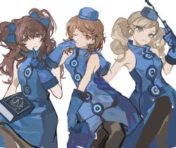 Rule 34 | 3girls, bare shoulders, black pantyhose, blonde hair, blue bow, blue dress, blue eyes, blue gloves, blue hat, book, bow, brown eyes, brown hair, closed mouth, dress, earrings, feet out of frame, female focus, gloves, hair bow, hat, highres, holding, holding book, in-franchise crossover, jewelry, kujikawa rise, long hair, looking at viewer, matching hair/eyes, medium hair, mini hat, multiple girls, one eye closed, pantyhose, parted lips, persona, persona 3, persona 4, persona 5, sleeveless, sleeveless dress, stud earrings, surielye, takamaki anne, takeba yukari, tarot, the lovers (tarot), trait connection, twintails, white background, wink