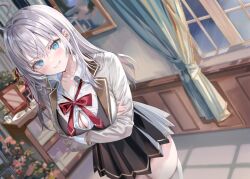 1girl ahoge alisa_mikhailovna_kujou black_skirt blue_eyes breasts cleavage collared_shirt curtains grey_hair grin hair_ribbon indoors long_hair long_sleeves momoko_(momopoco) novel_illustration official_art open_clothes open_shirt parted_lips partially_unbuttoned red_ribbon ribbon school_uniform second-party_source shirt skirt smile solo thighhighs tokidoki_bosotto_roshia-go_de_dereru_tonari_no_alya-san white_thighhighs window zettai_ryouiki