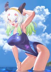 1girl ;d armpits blush breasts character_request cloud cloudy_sky collarbone commentary_request competition_swimsuit copyright_request covered_navel gradient_hair hair_ornament hairclip hand_on_own_thigh highleg highres leaning_forward lens_flare multicolored_hair okuribi one-piece_swimsuit one_eye_closed open_mouth presenting_armpit sky smile solo swimsuit thighs virtual_youtuber wading water wet