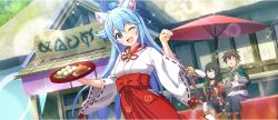 Rule 34 | 1boy, 2girls, ;d, = =, animal ear fluff, animal ears, aqua (konosuba), bandaged leg, bandages, belt, belt collar, black belt, black cape, black hat, black pants, blue hair, brown belt, brown hair, cape, capelet, cat ears, clenched hand, collar, cup, dango, day, dot nose, dress, drinking, dutch angle, food, game cg, green capelet, hakama, hands up, hat, highres, holding, holding tray, japanese clothes, kemonomimi mode, kono subarashii sekai ni shukufuku wo!, konosuba! fantastic days, lens flare, long hair, megumin, miko, multiple girls, official art, oil-paper umbrella, one eye closed, open mouth, outdoors, pants, paw pose, paw print, red dress, red hakama, sandals, satou kazuma, shirt, short hair with long locks, sitting, smile, socks, sparkle, standing, standing on one leg, storefront, sunlight, third-party source, translated, tray, umbrella, unworn hat, unworn headwear, very long hair, wagashi, white shirt, white socks, witch hat, yunomi